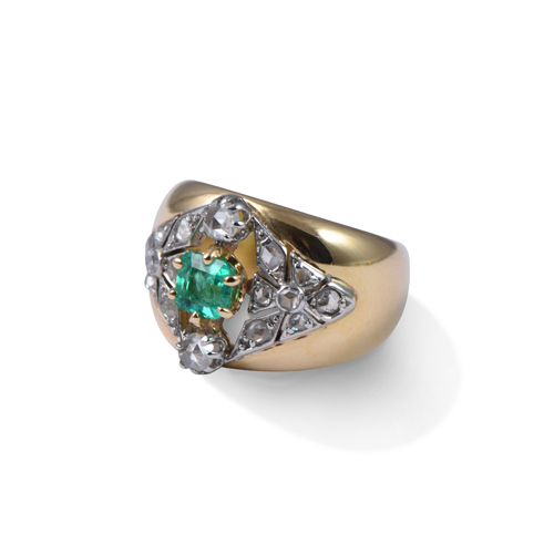 Bague Art Déco Or 18K - Pierre Verte & Diamants (0.75 Ct) - Style Pompadour - Occasion